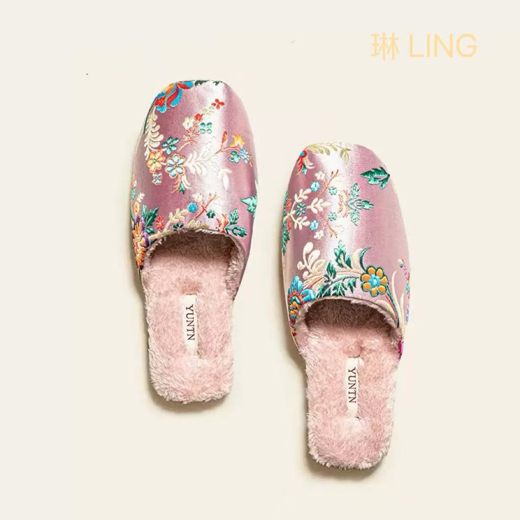 Plush-Lined Embroidered Satin Slippers
