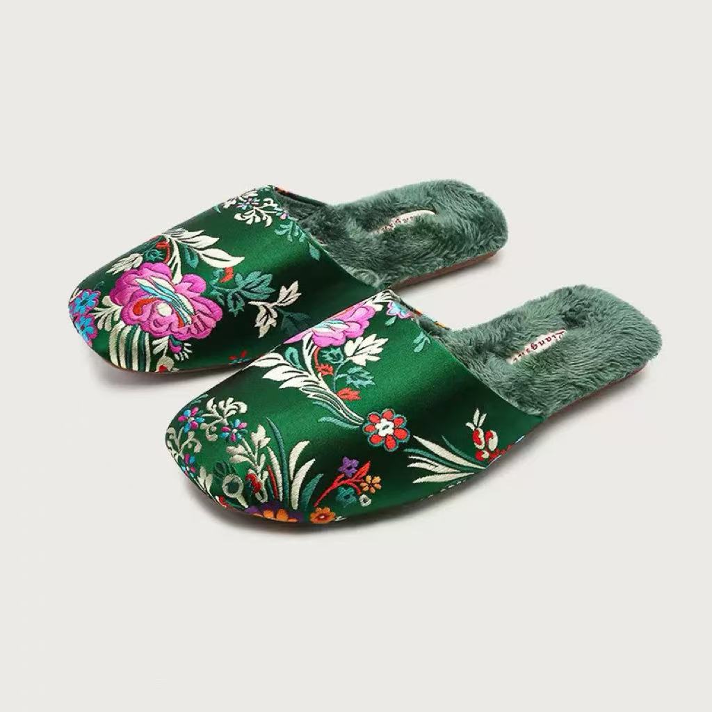 Plush-Lined Embroidered Satin Slippers