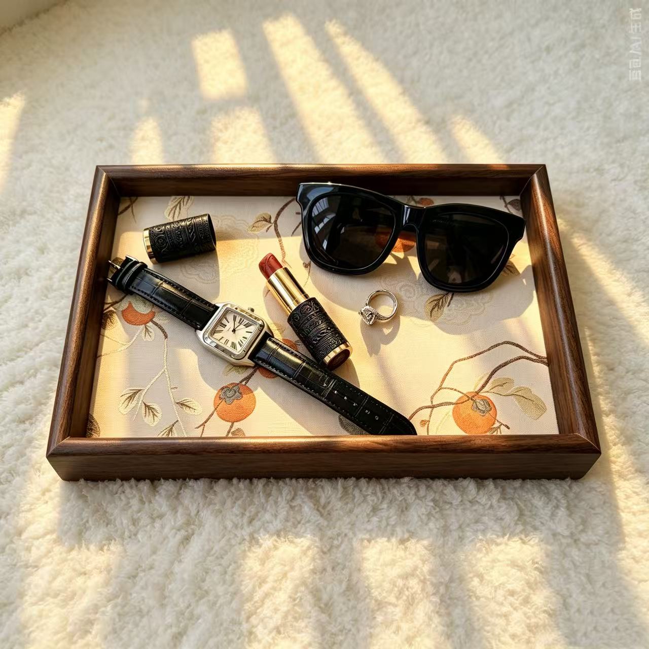 Persimmon Embroidered Walnut Wood Tray
