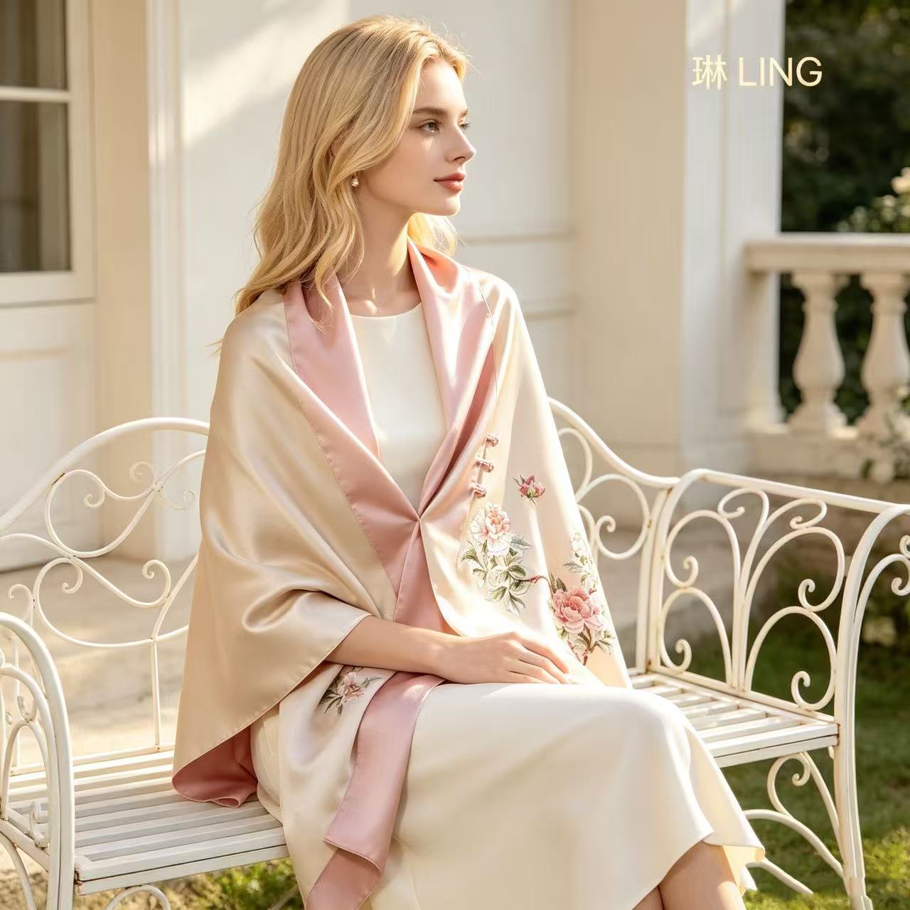 Hand-Embroidered Peony Silk Shawl | 100% Mulberry Silk Reversible Wrap (175cm x 45cm / 68.9" x 17.7")