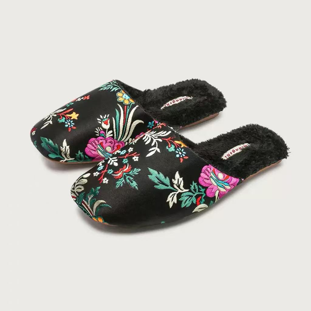 Plush-Lined Embroidered Satin Slippers
