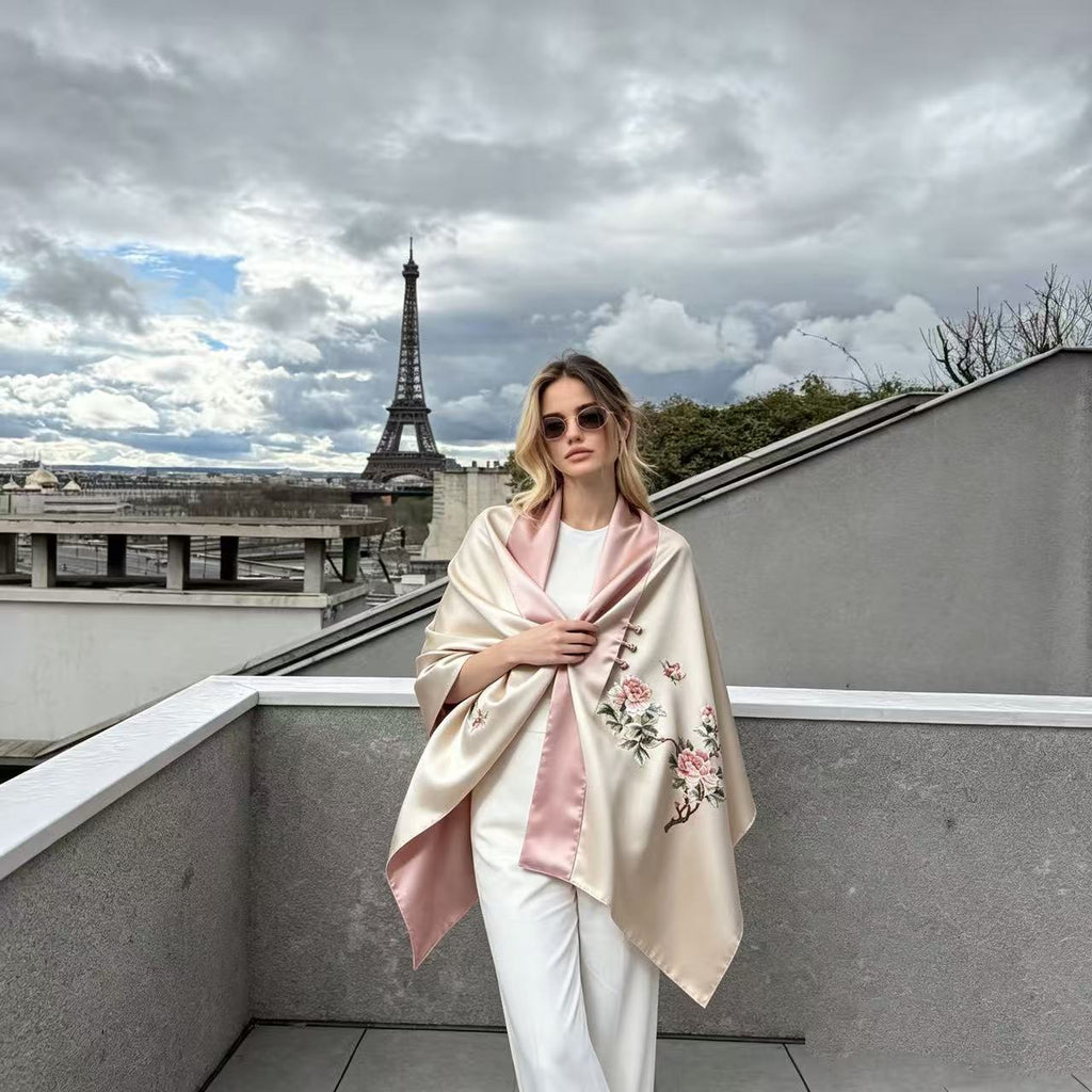 Hand-Embroidered Peony Silk Shawl | 100% Mulberry Silk Reversible Wrap (175cm x 45cm / 68.9" x 17.7")