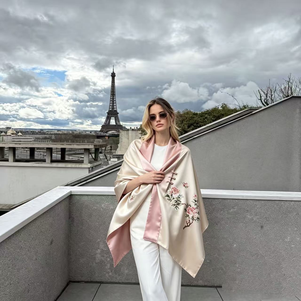 Hand-Embroidered Peony Silk Shawl | 100% Mulberry Silk Reversible Wrap (175cm x 45cm / 68.9" x 17.7")