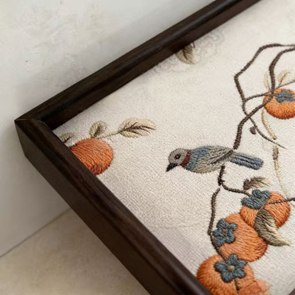 Persimmon Embroidered Walnut Wood Tray