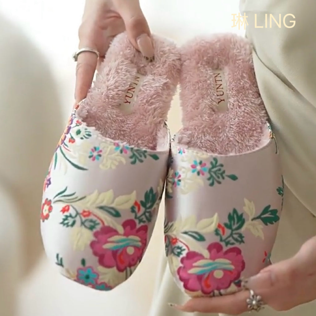 Plush-Lined Embroidered Satin Slippers