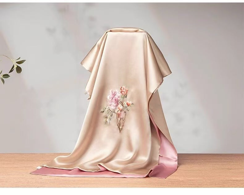 Hand-Embroidered Peony Silk Shawl | 100% Mulberry Silk Reversible Wrap (175cm x 45cm / 68.9" x 17.7")