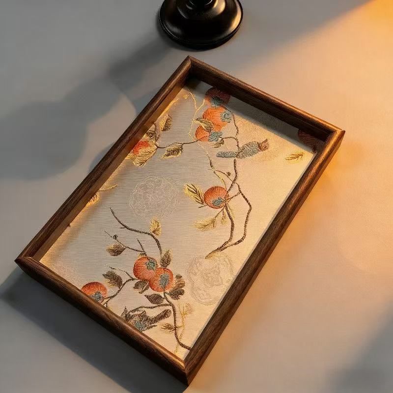 Persimmon Embroidered Walnut Wood Tray