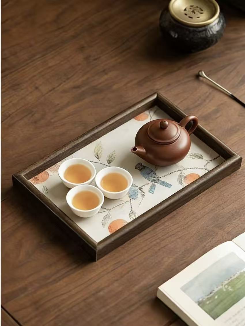 Persimmon Embroidered Walnut Wood Tray