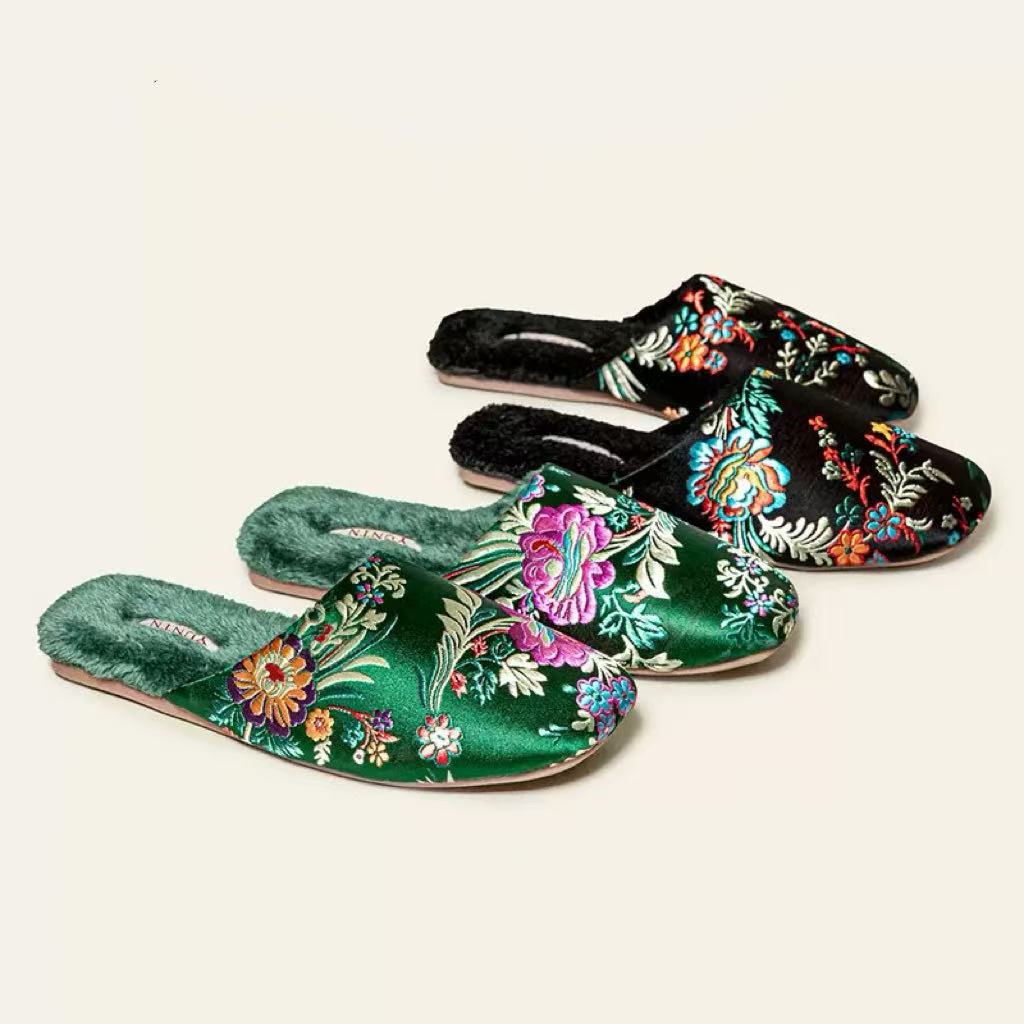 Plush-Lined Embroidered Satin Slippers