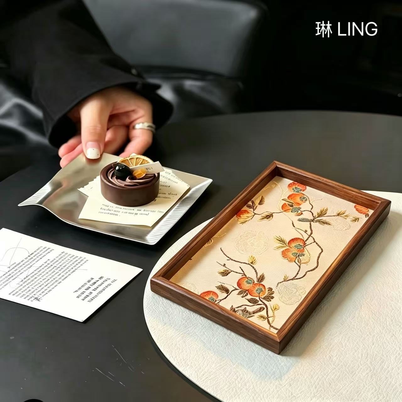 Persimmon Embroidered Walnut Wood Tray