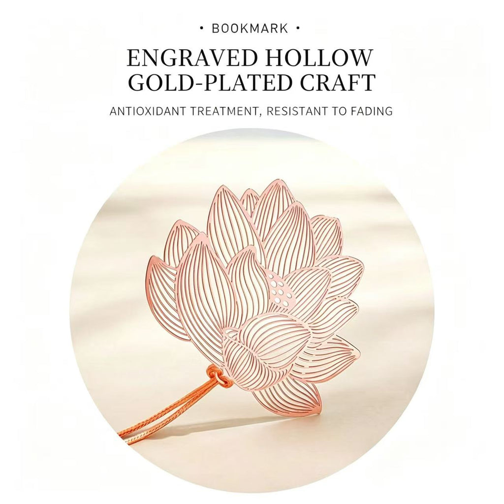 Engraved Hollow Gold-Plated Lotus Bookmark with Tassel