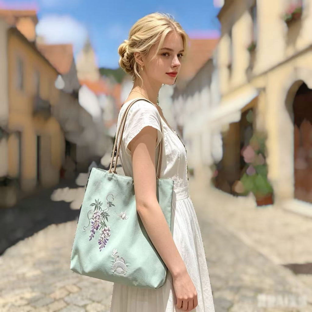 Hand-Embroidered Wisteria Tote Bag | Soft Cotton-Linen Blend, Lightweight & Spacious