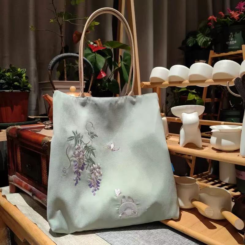 Hand-Embroidered Wisteria Tote Bag | Soft Cotton-Linen Blend, Lightweight & Spacious