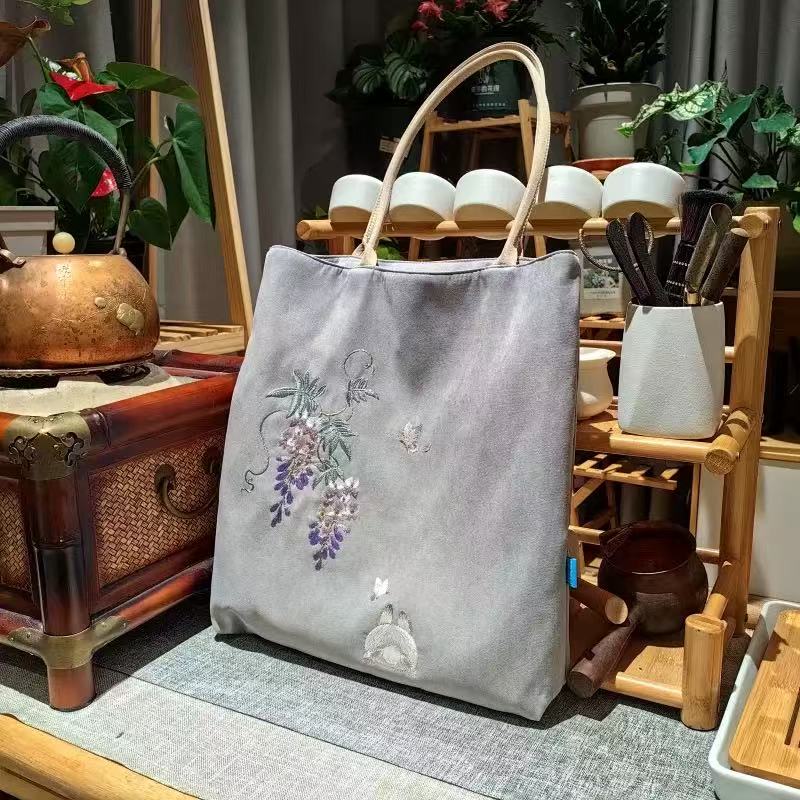 Hand-Embroidered Wisteria Tote Bag | Soft Cotton-Linen Blend, Lightweight & Spacious